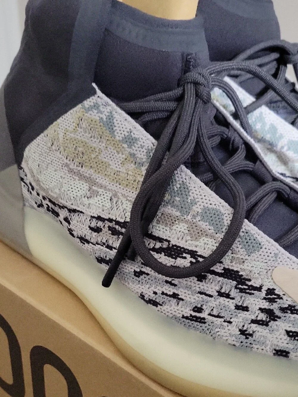 adidas YZY QNTM Knit High-Top Sneakers in Gray, Cream and Blue